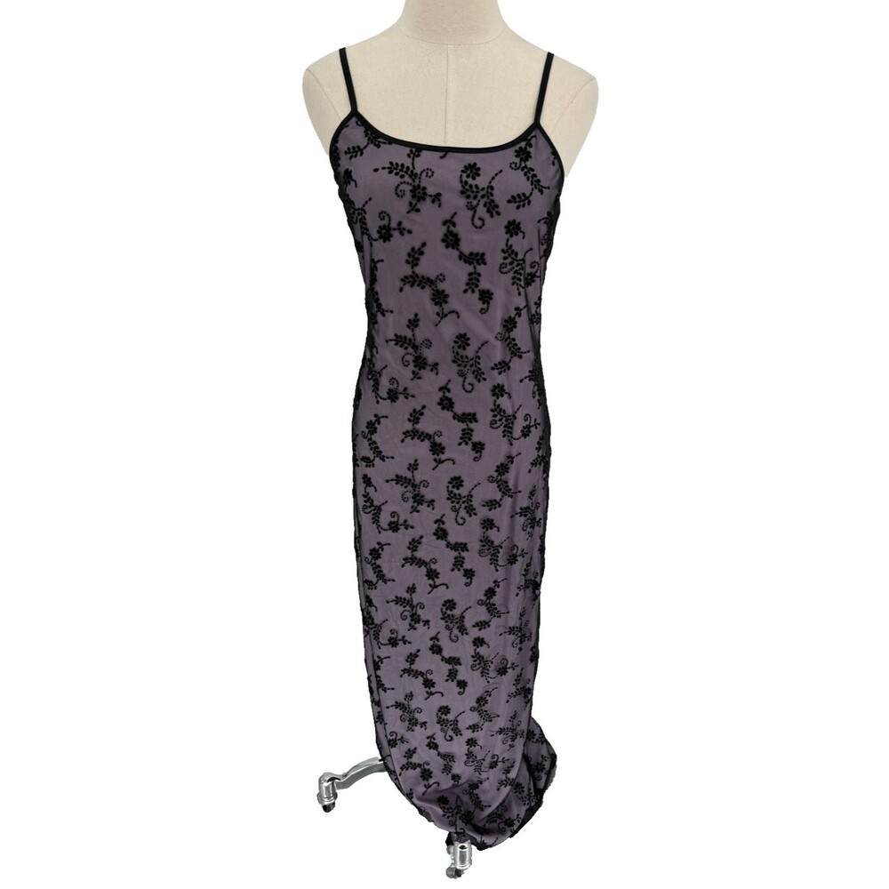 Byer Too! Dress Women’s Size Medium Purple Black Floral Flocked Mesh Maxi Y2K